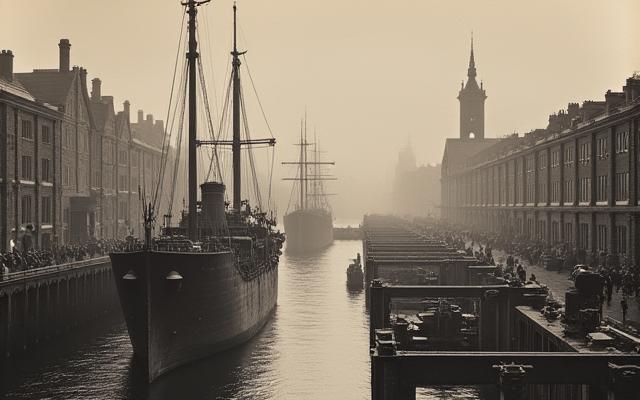 Historic photo of Dublin's industrial docks, showcasing past industry