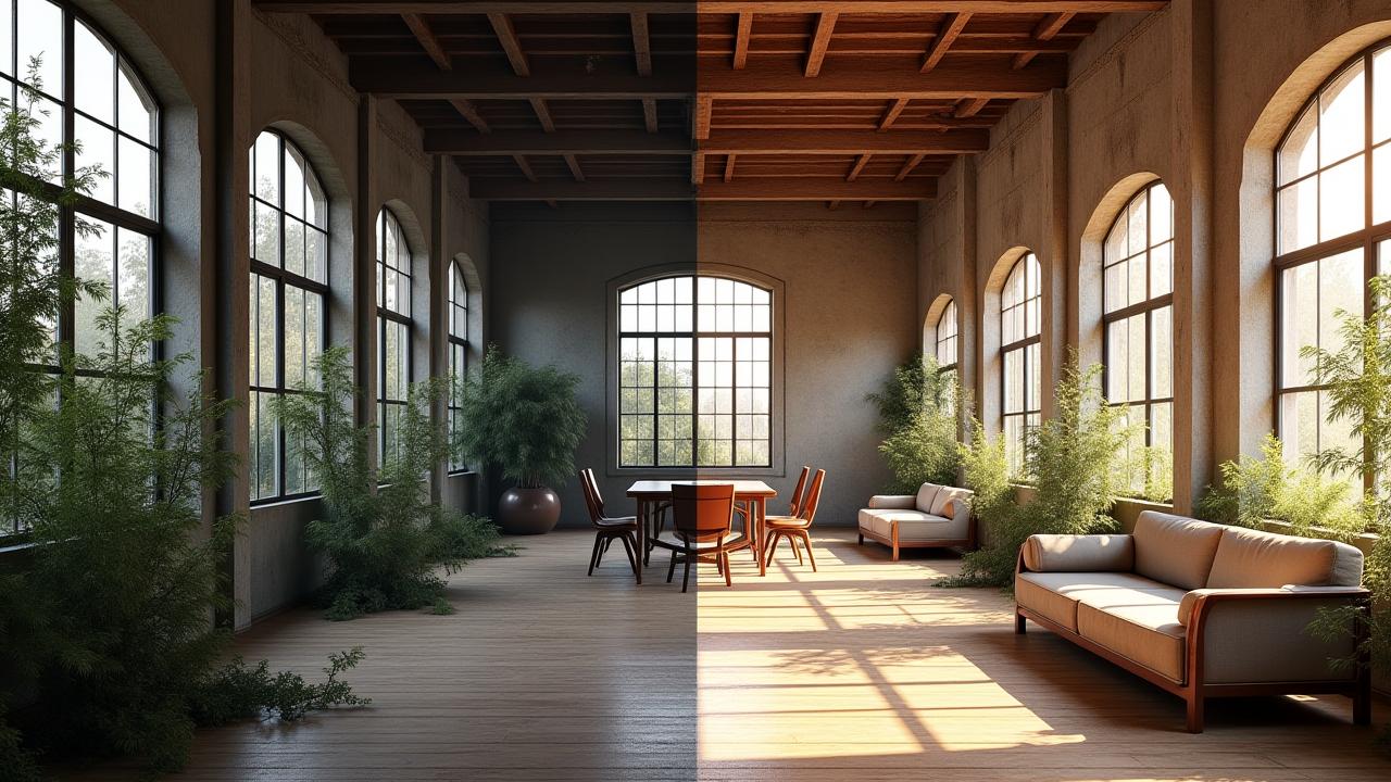 Before and after of a historical mill conversion, split vertically with the derelict state on one side and a vibrant, redeveloped residential or office space on the other.