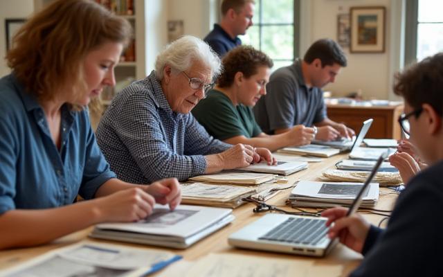 People digitizing old family photos and documents during a community archiving event