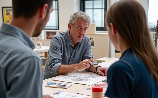 Community members working with a display designer on an exhibition panel