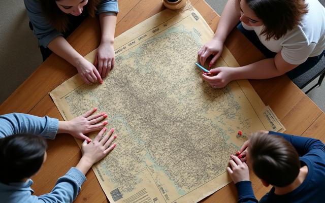 Community members gather around a large historical map, adding notes and discussing locations