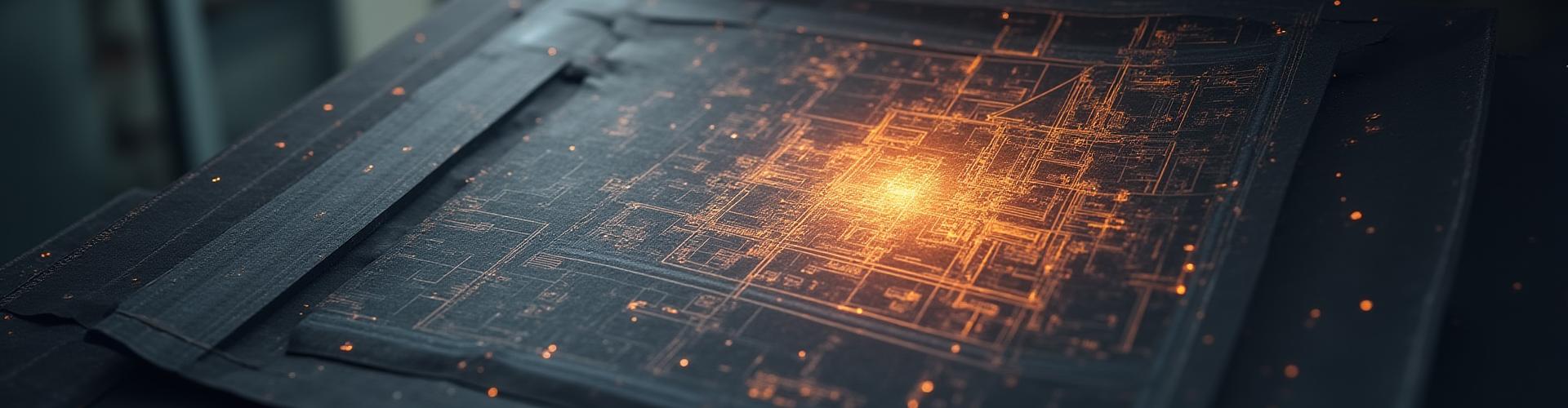 Stylized image showing a physical blueprint transforming into a digital wireframe on a computer screen.