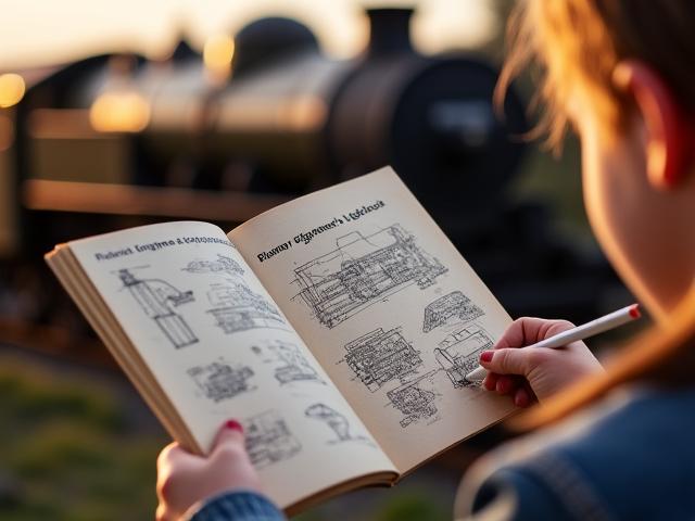 Illustration of a child's hands holding a 'Railway Engineer's Logbook' activity booklet at a heritage railway site.