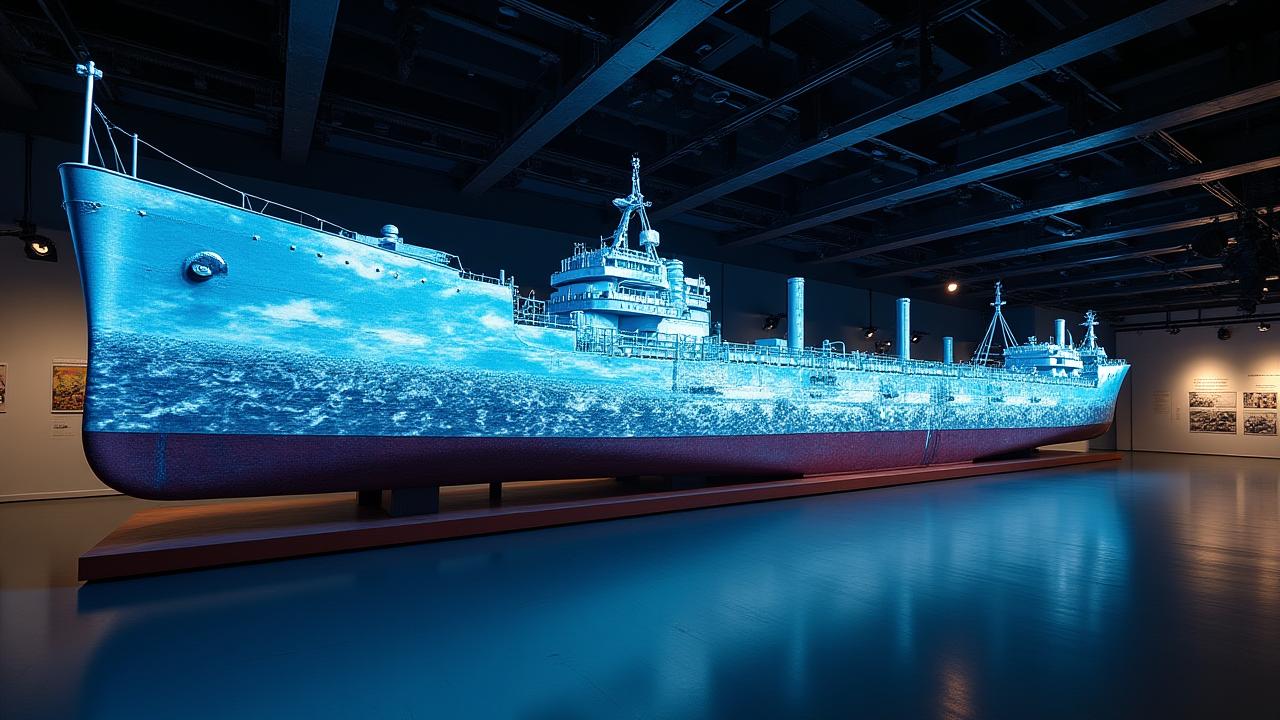 Scale model of a ship with projection mapping at Cork Shipbuilding Exhibit