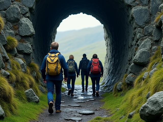 A group emerging from an old mine entrance in rural Ireland