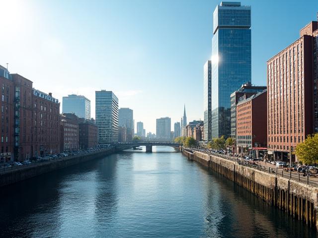 Modern and historic buildings side-by-side in Dublin Docklands with River Liffey
