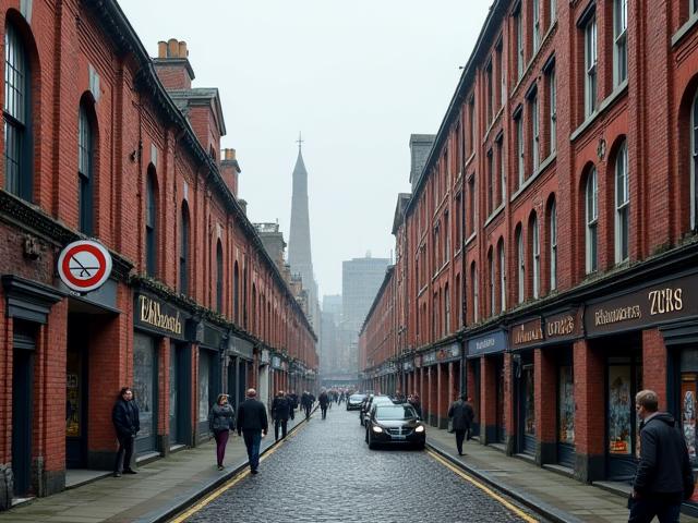 Historic Dublin street with old distilleries and textile factories