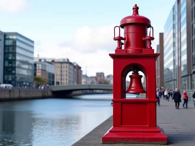 The restored red Dublin Diving Bell on a quay, with modern city buildings in the background.