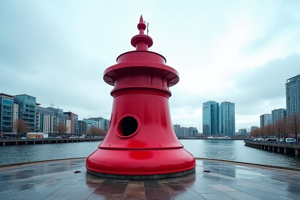 A dramatic wide shot of the restored red Dublin Diving Bell on Sir John Rogerson's Quay, standing prominently against the modern cityscape and Liffey River.