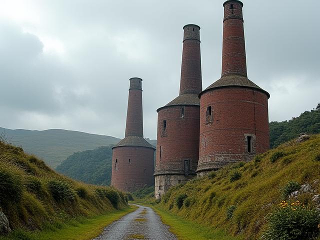 Industrial mining structures with engine houses and red brick buildings in a green landscape.