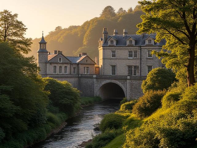 Grand historic estate building with Powerscourt Distillery signage nestled in rolling green hills.