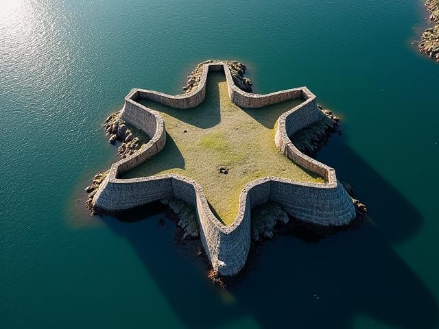 Aerial view of Spike Island fortress, a star-shaped island prison, surrounded by water.
