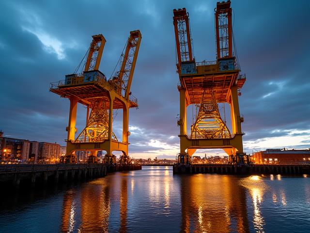 Iconic yellow gantry cranes at Harland & Wolff in Belfast Docklands.
