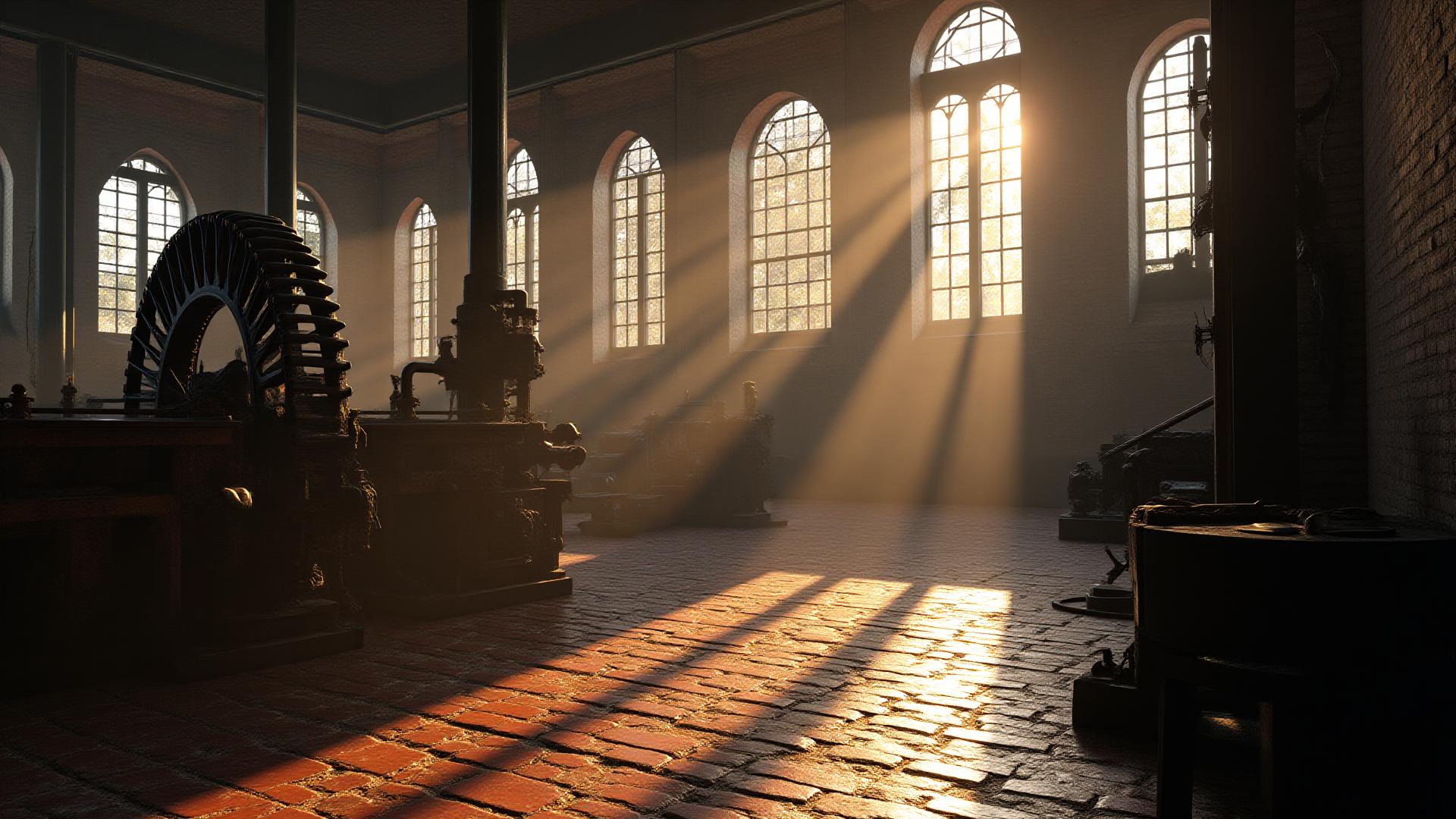 Restored interior of a historic Irish mill, machinery bathed in soft light.