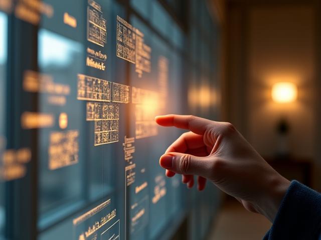 A visitor using hand gestures to control a digital exhibit of historical blueprints.