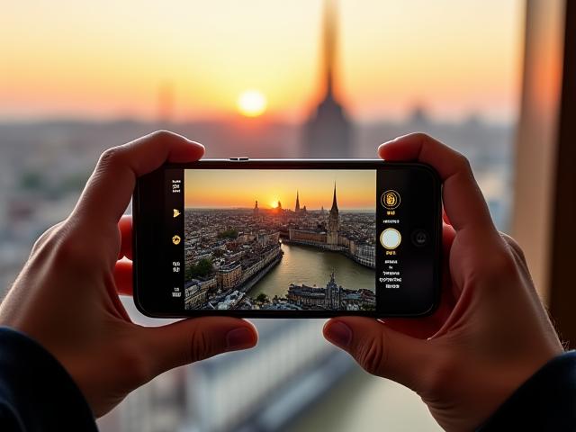 Person using a smartphone to view augmented reality labels over the Dublin skyline from the Guinness Storehouse Gravity Bar.
