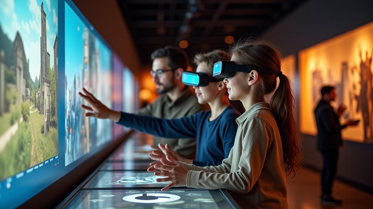 Visitors immersed in a digital historical exhibit, highlighting touch, play, and discovery.