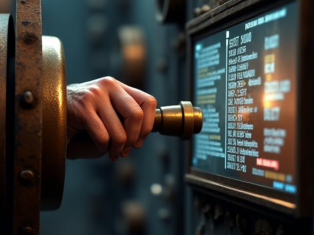 A hand turning a physical brass lever connected to a digital screen showing an old factory process.