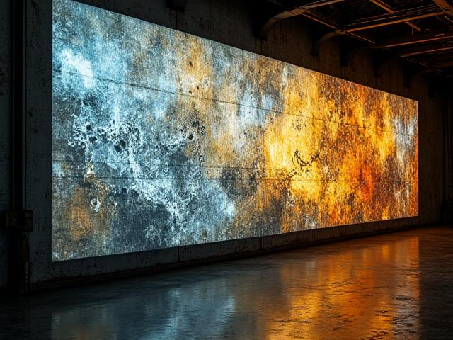 Dynamic projection mapping transforming an old factory wall into a vibrant historical narrative.
