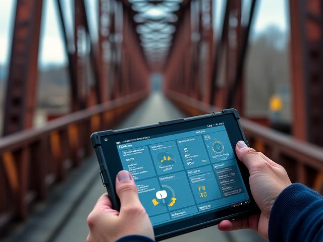 Diagram of wireless sensors on a large industrial structure feeding data to a digital dashboard on a tablet
